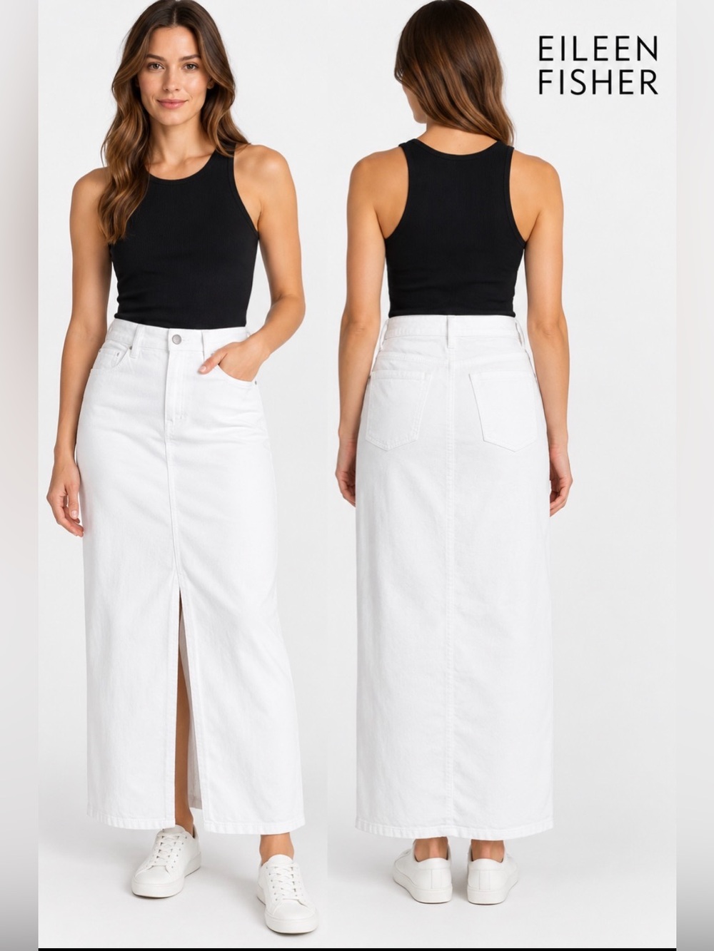 Eileen Fisher White Denim Maxi Skirt Front Slit Size Small